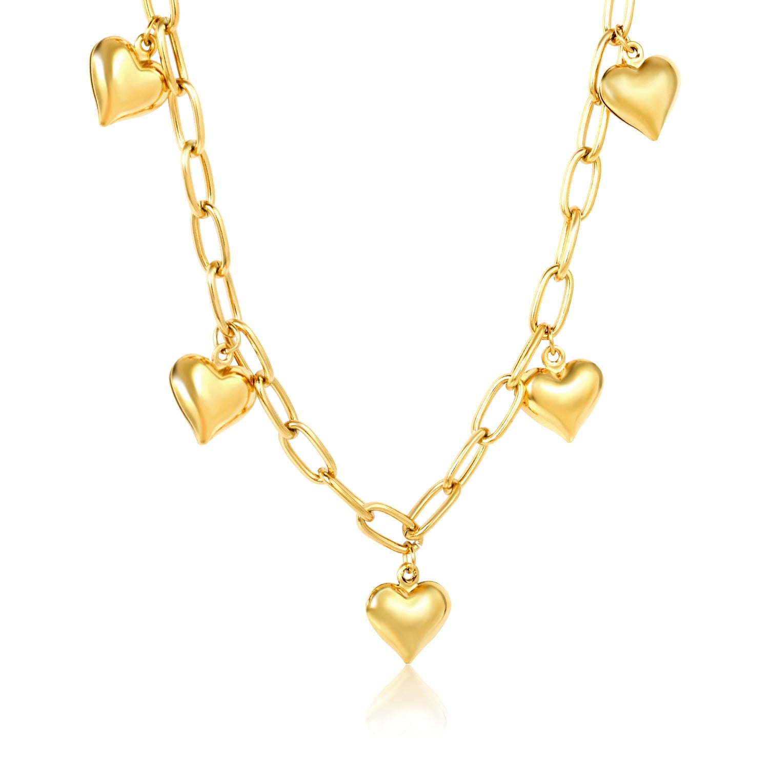 11.5 x 13mm 5 heart-shaped pendants, 6mm long round chain with O-shaped links, 40+5cm + 6mm round pendant tag necklace, steel color/gold color asonjewelry